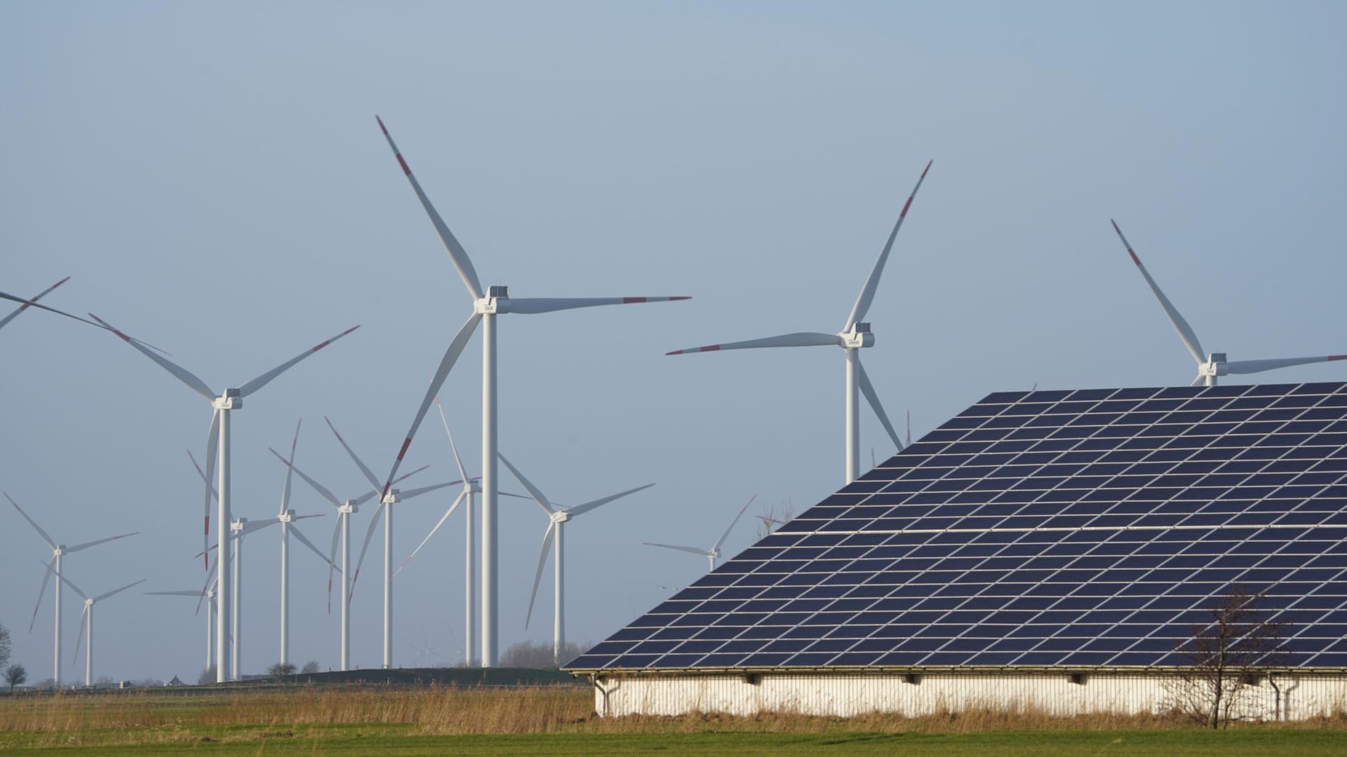 Windenergieanlagen stehen neben einer Halle in Reußenköge (Schleswig-Holstein) mit Photovoltaik-Anlagen auf dem Dach. | dpa