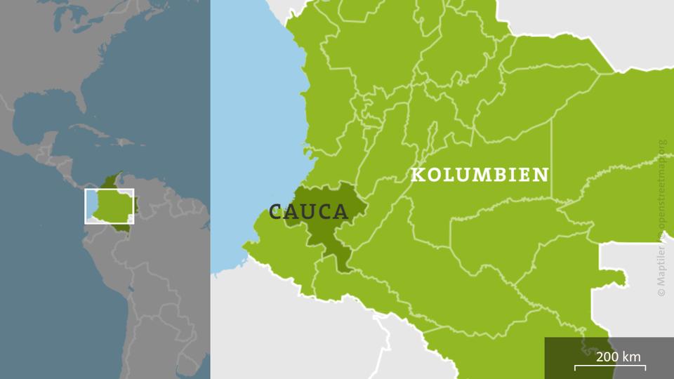 Die Karte zeigt Kolumbien mit der Region Cauca.