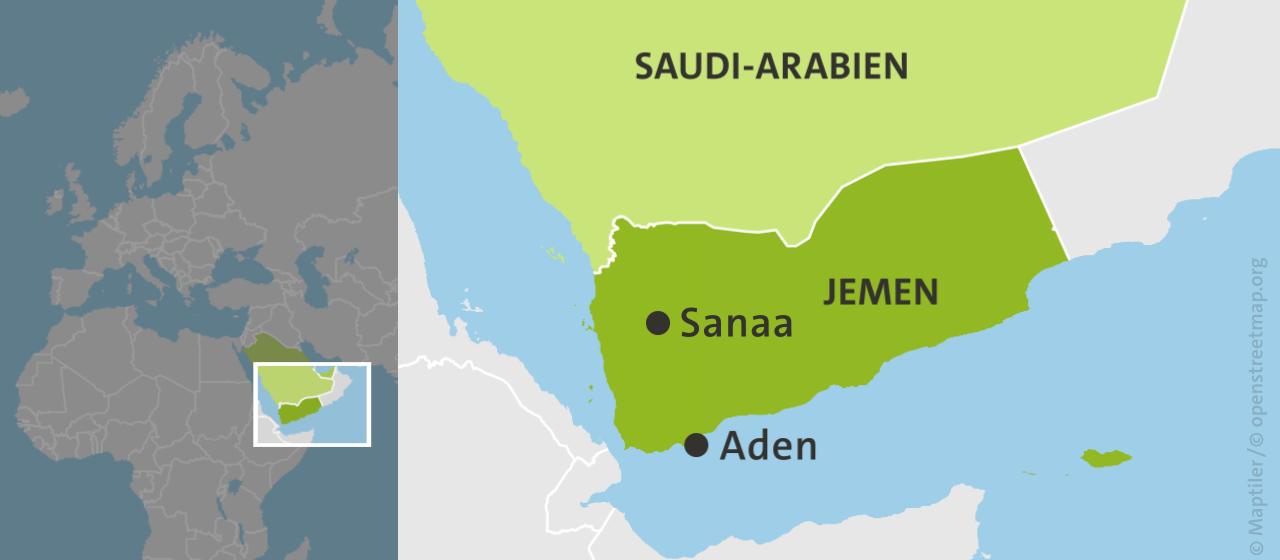Karte: Aden und Sanaa in Jemen, sowie Saudi-Arabien und die Vereinigten Arabischen Emirate