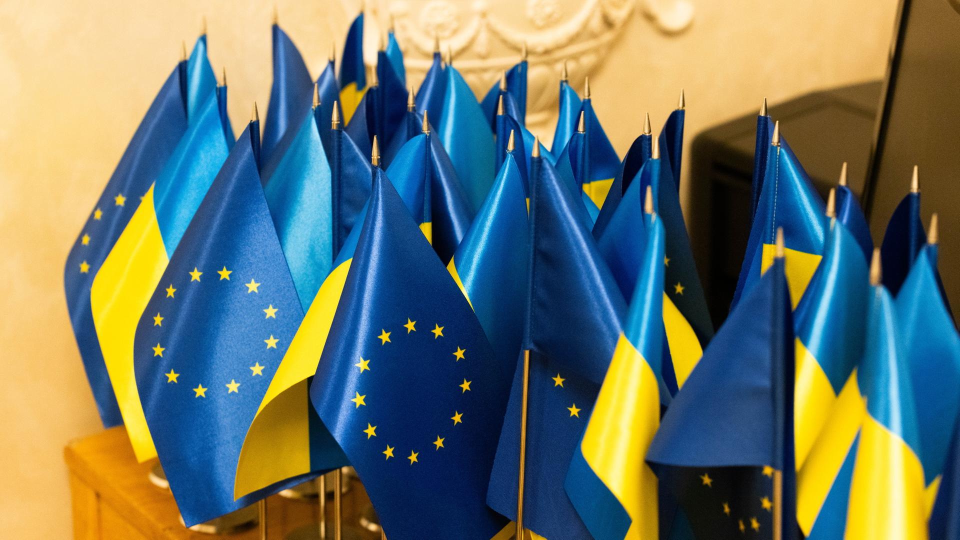 Kleine ukrainische und europäische Flaggen sind auf einem Tisch zu sehen | dpa