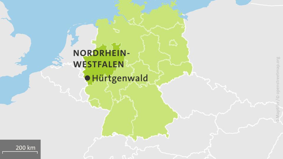 Karte von Deutschland mit Nordrhein-Westfalen und Hürtgenwald
