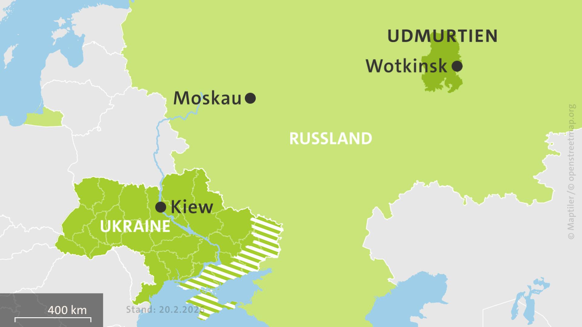 Karte: Karte der Ukraine und Russlands, hell schraffiert: von Russland besetzte Gebiete. | ISW, Critical Threats Project | Stand: 20.2.2026