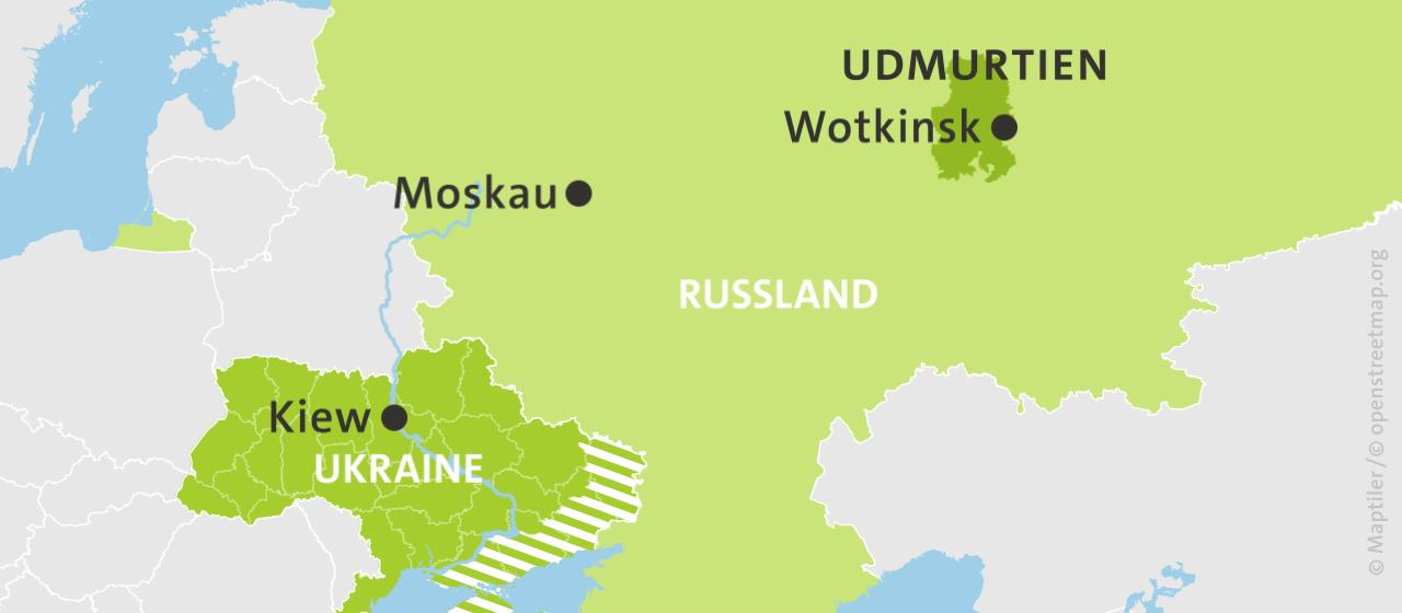 Karte: Karte der Ukraine und Russlands, hell schraffiert: von Russland besetzte Gebiete.