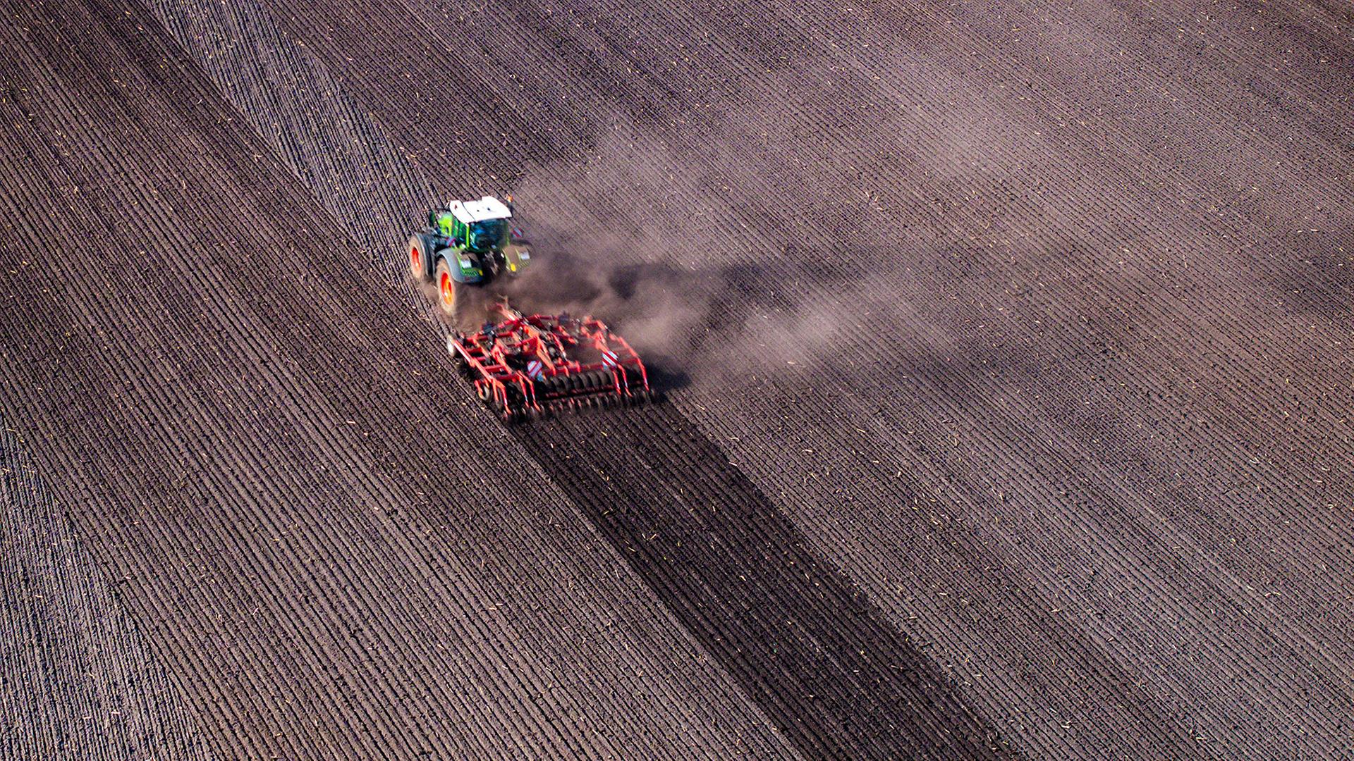 Ein Traktor pflügt ein Feld. | Jens Büttner/dpa