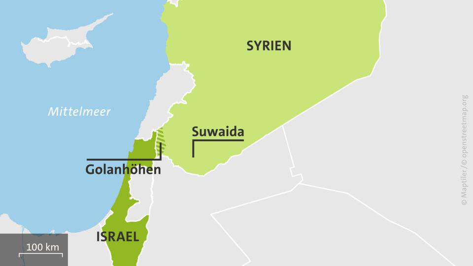 Syrien mit Suwaida, Israel und den Golanhöhen. | ARD-aktuell Syrien mit Suwaida, Israel und den Golanhöhen.