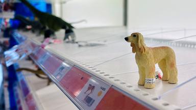 Eine Schleich-Figur im Kinderladen Wirth in Mainz steht beim Räumungsverkauf in einem Regal.