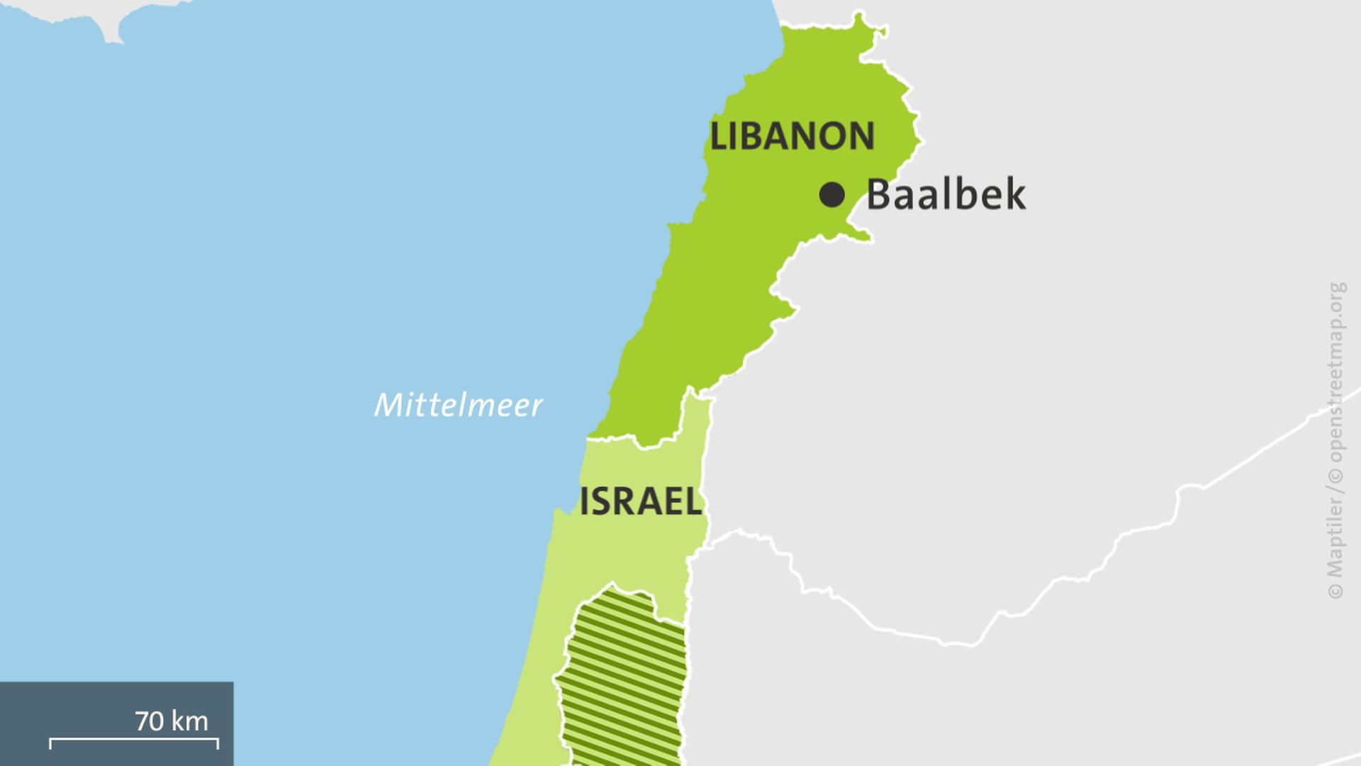 Karte mit Libanon, Baalbek und Israel | ARD-aktuell
