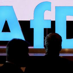 Delegierte sind beim Landesparteitag der AfD Sachsen vor einem Logo der Partei zu sehen. 