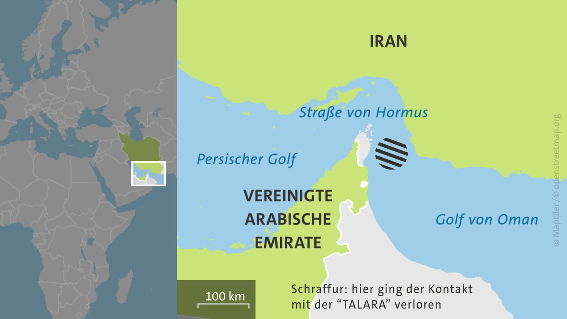 Karte: Straße von Hormus, Vereinigte Arabische Emirate und Iran sowie die letzte Position der 