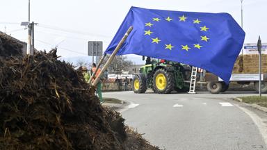 Eine EU-Flagge steckt in einem Misthaufen, dahinter steht ein Traktor