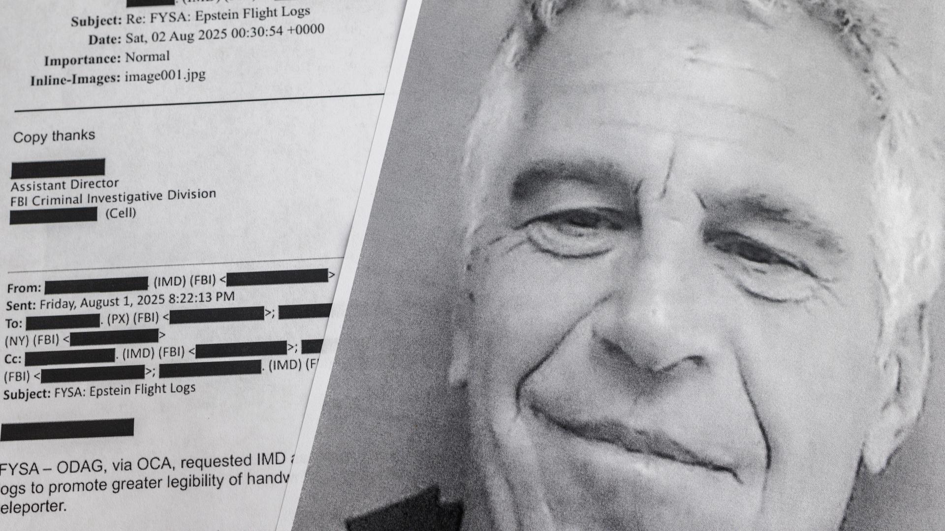GeschwÃ¤rzte Dokumente der Epstein-Files, daneben ein Portrait des SexualstraftÃ¤ters | EPA