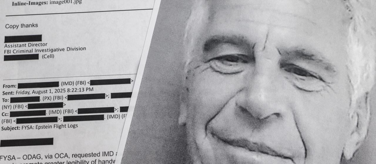 Geschwärzte Dokumente der Epstein-Files, daneben ein Portrait des Sexualstraftäters