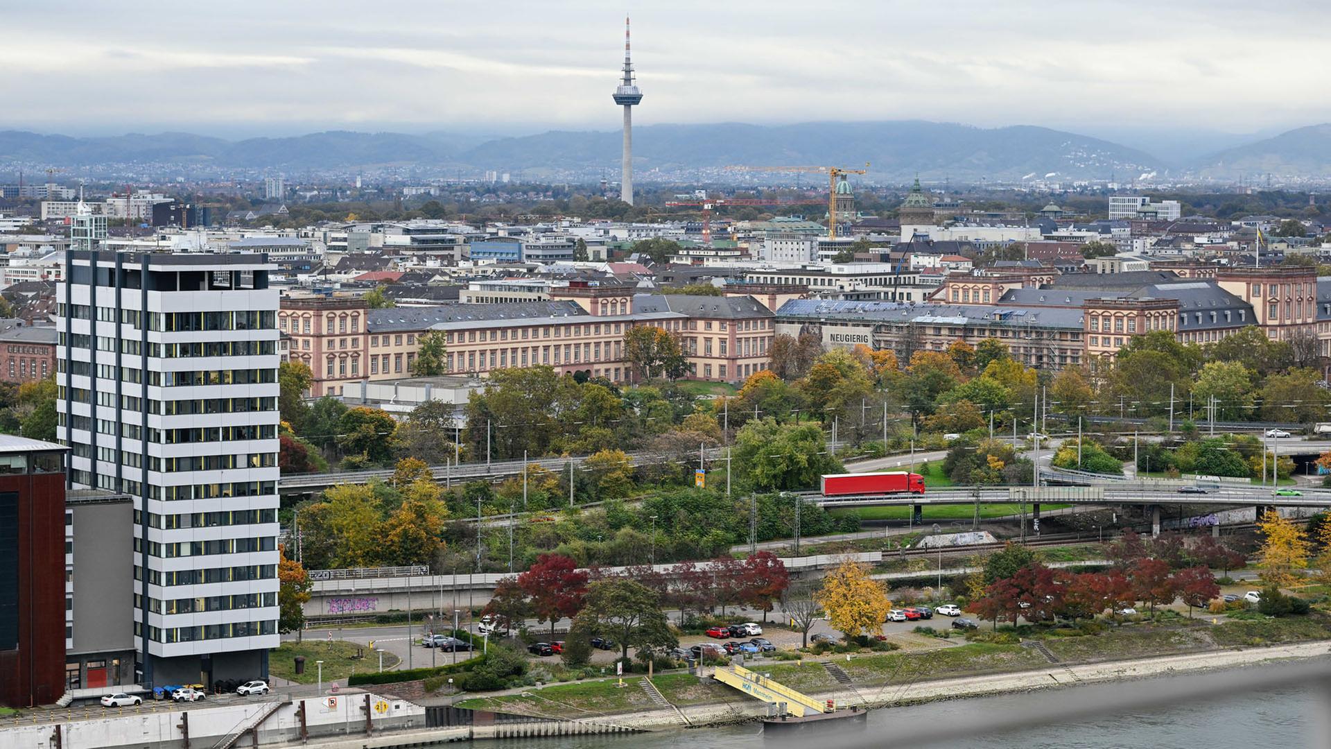 Das Schloss Mannheim und der Fernsehturm zwischen Gebäuden der Innenstadt.  | picture alliance/dpa