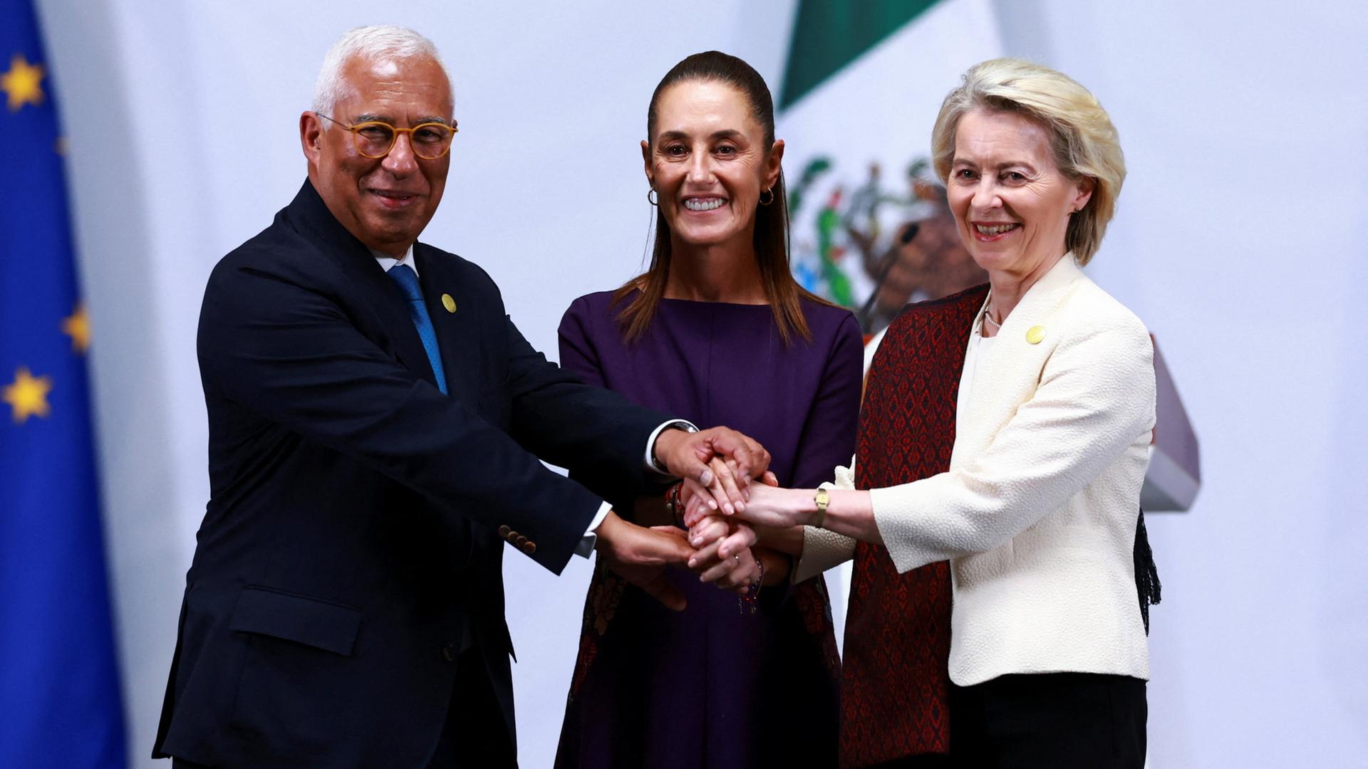EU-Ratspräsident António Costa, Mexikos Präsidentin Claudia Sheinbaum und EU-Kommissionschefin Ursula von der Leyen | REUTERS