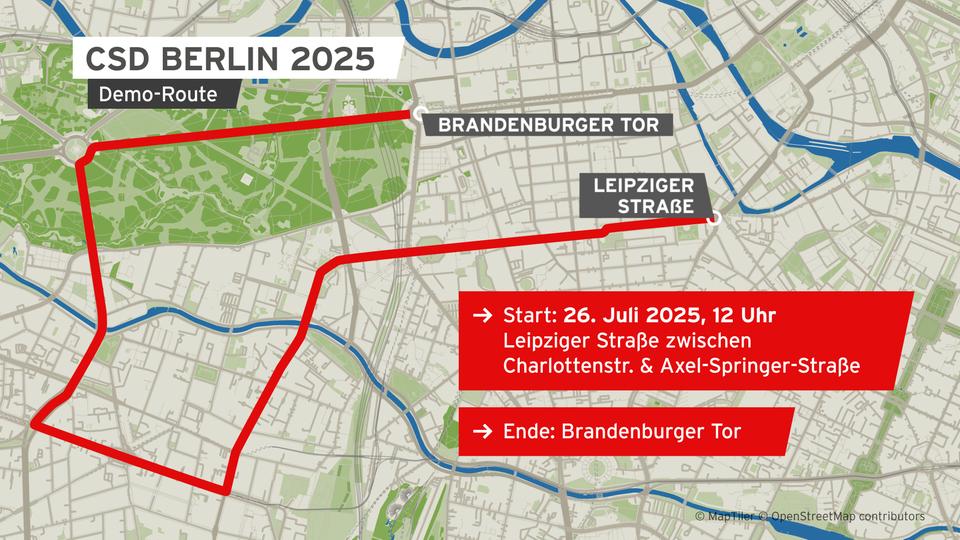 Die Demo-Route des Berliner CSD 2025. | rbb24 Demo-Route des CSD Berlin 2025. (Quelle rbb24)