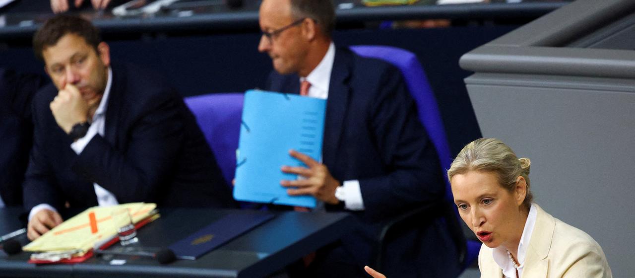 Alice Weidel spricht im Bundestag. | REUTERS Alice Weidel spricht im Bundestag.