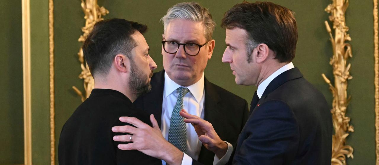 Keir Starmer, Wolodymyr Selenskyj und Emanuel Macron