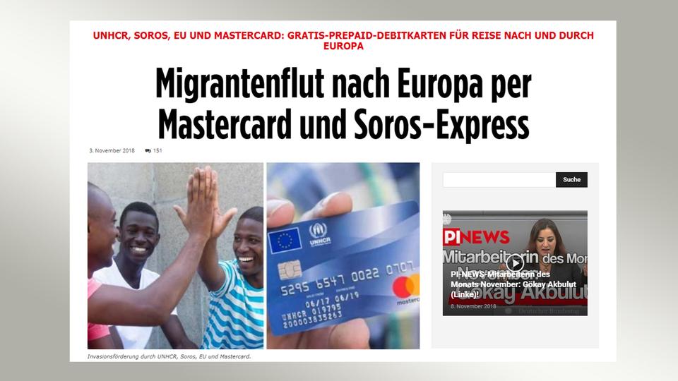 Screenshot: Artikel "Migrantenflut nach Europa per Mastercard" von www.pi-news.net