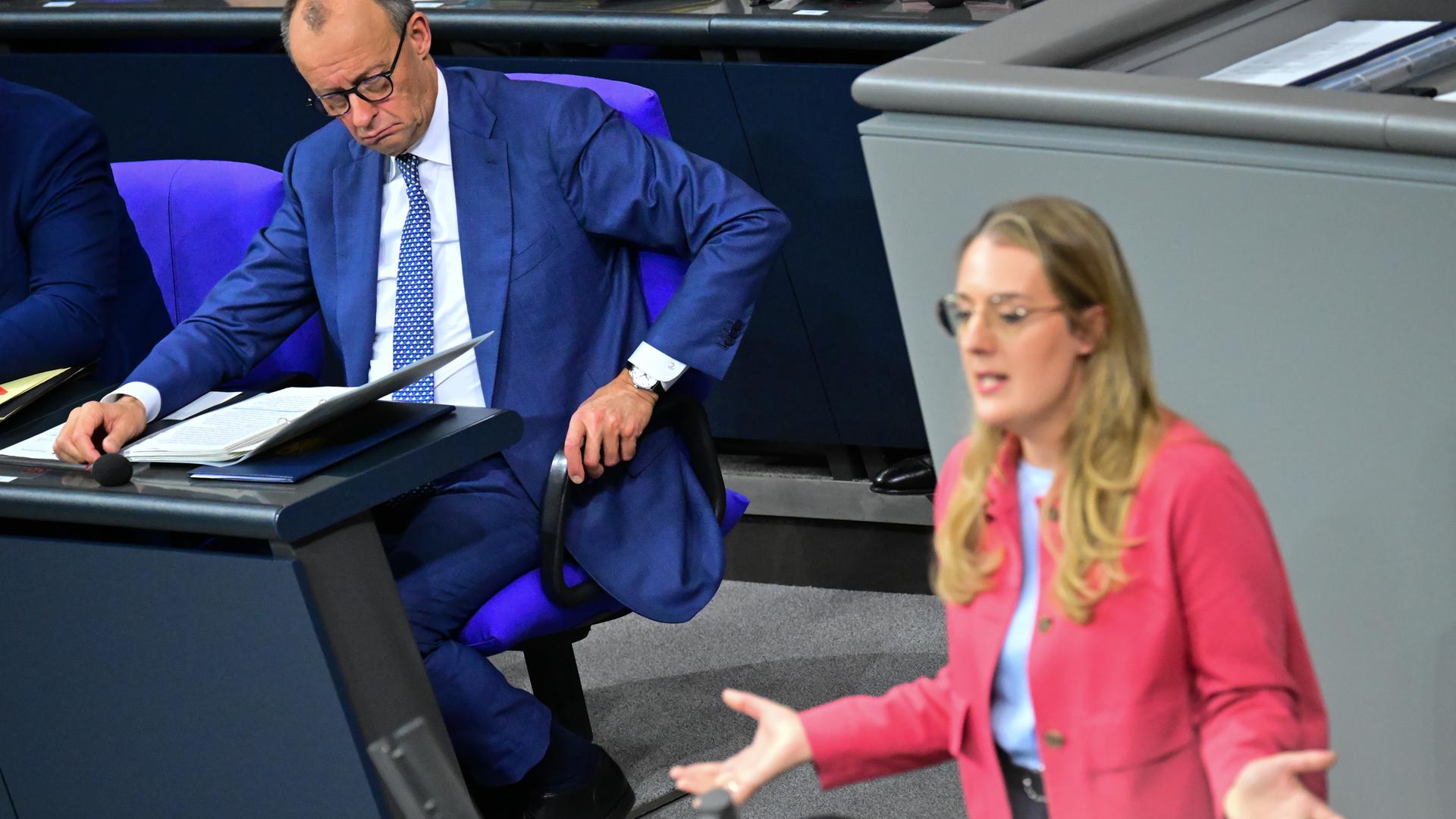 Katharina Dröge und Friedrich Merz im Deutschen Bundestag | dpa