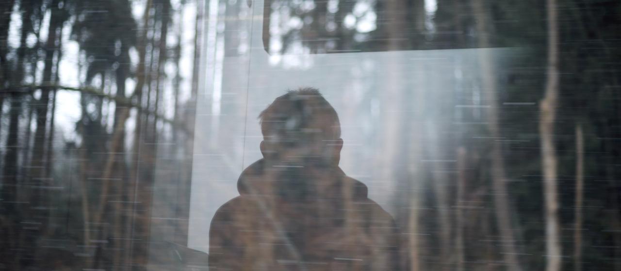 Ein junger Mann blickt aus dem Fenster eines Regionalexpress, der an einem Wald vorbei fährt.