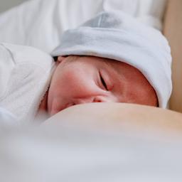 Eine Mutter stillt ihr Neugeborenes in einem Krankenhaus.