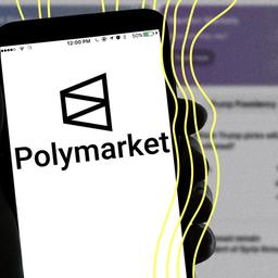 Auf dem Handybildschirm leuchtet das Logo des Wettanbieters Polymarket.