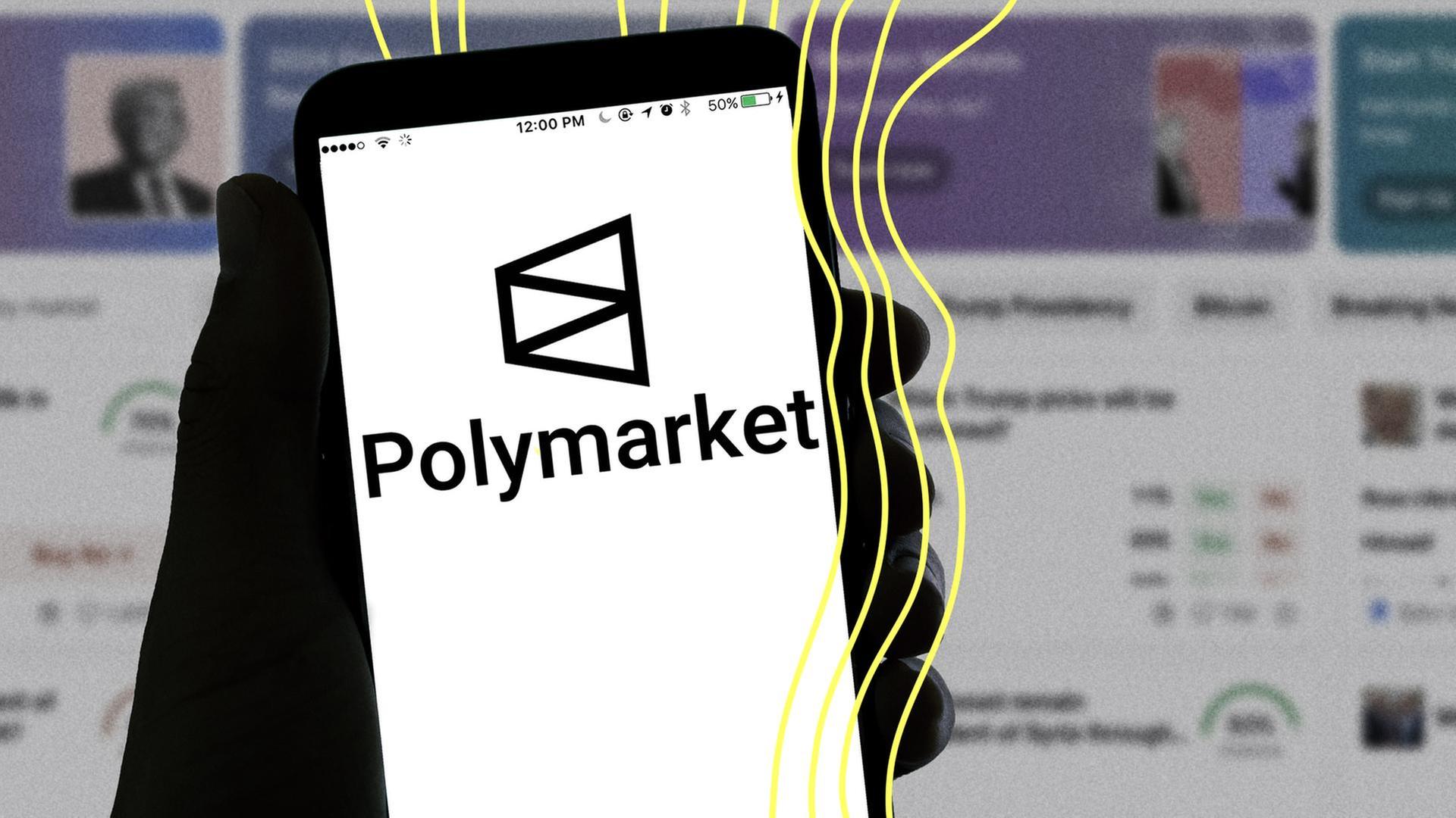 Auf dem Handybildschirm leuchtet das Logo des Wettanbieters Polymarket. | picture alliance / Sipa USA, Davide Bonaldo