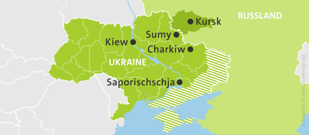 Karte: Karte der Ukraine und Russlands, hell schraffiert: von Russland besetzte Gebiete.