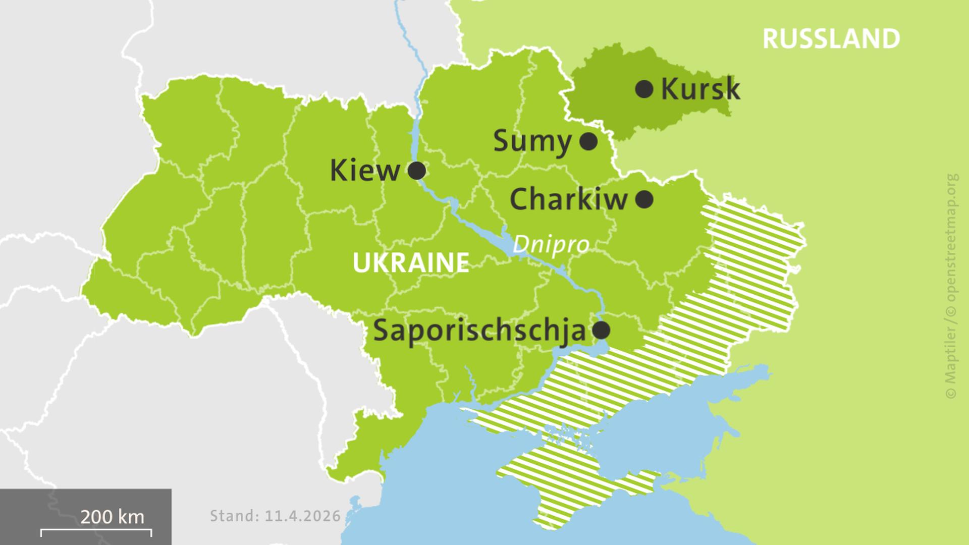 Karte: Karte der Ukraine und Russlands, hell schraffiert: von Russland besetzte Gebiete. | ISW, Critical Threats Project | Stand: 11.4.26
