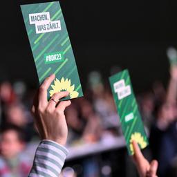 Delegierte der Grünen halten beim Bundesparteitag Stimmkarten in die Höhe
