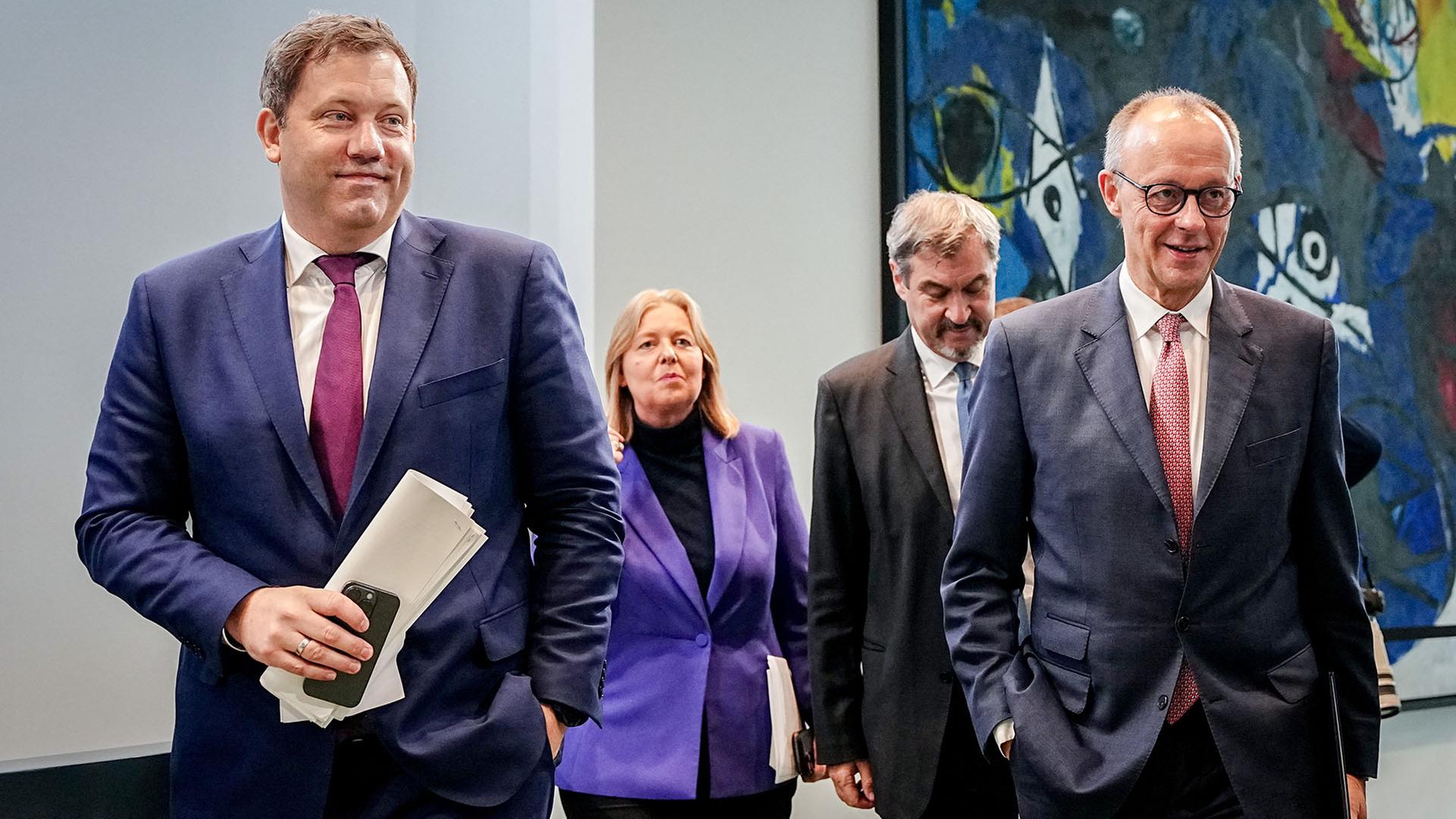 Lars Klingbeil, Bärbel Bas, Markus Söder und Friedrich Merz | dpa
