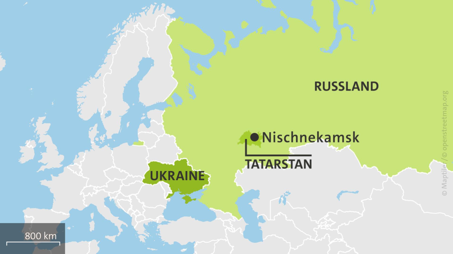 Karte: Ukraine und Russland mit der Region Tatarstan und der Stadt Nischnekamsk | ARD-aktuell
