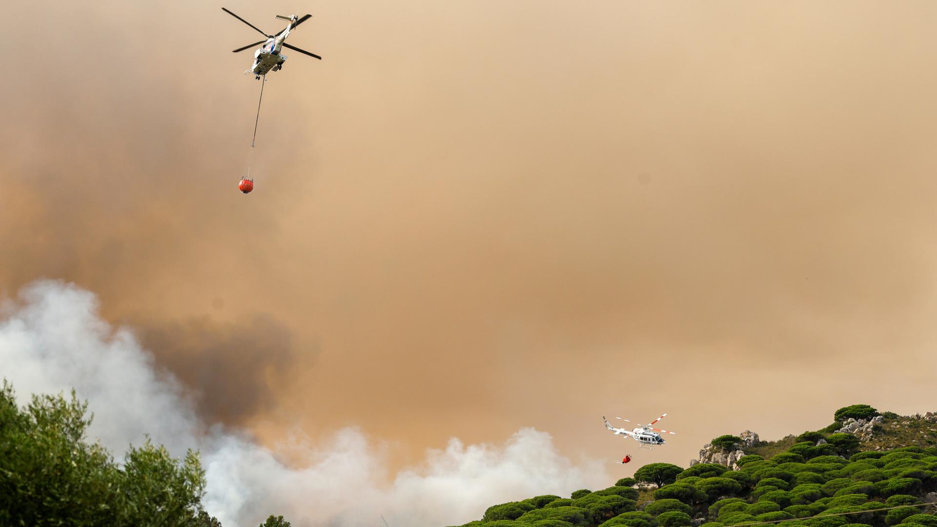 Löschubschrauber fliegen über grünen Wald, aus dem weiße Rauchschwaden aufsteigen. | dpa