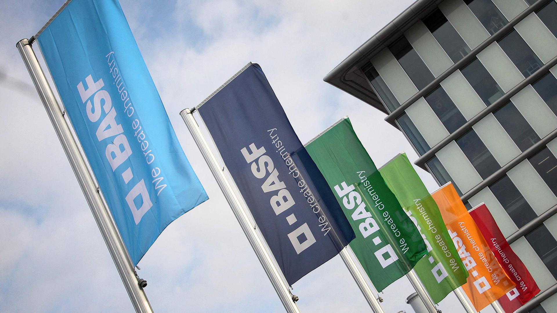 Unternehmensflaggen am Hauptsitz des deutschen Chemieunternehmens BASF in Ludwigshafen. | AFP