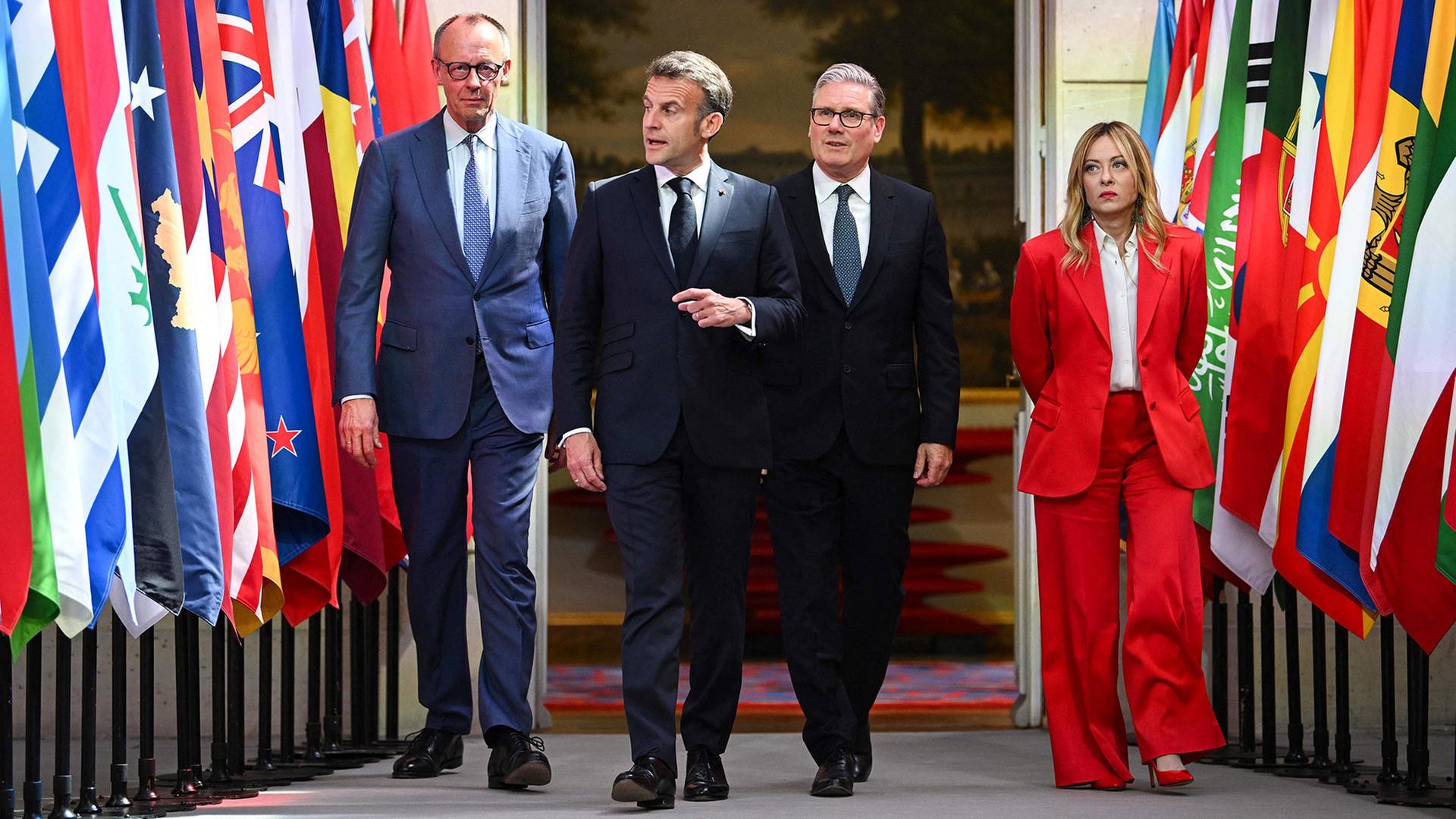 Friedrich Merz, Emmanuel Macron, Keir Starmer und Giorgia Meloni | AFP