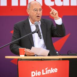 Gregor Gysi (Die Linke) spricht in Potsdam bei einer Wahlkampfveranstaltung seiner Partei vor der Europawahl