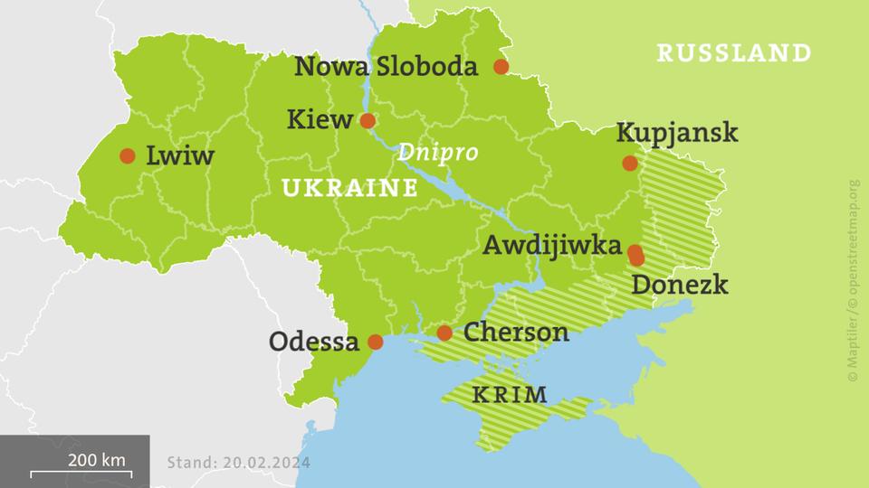 Karte Ukraine, schraffiert: von Russland besetzte Gebiete
