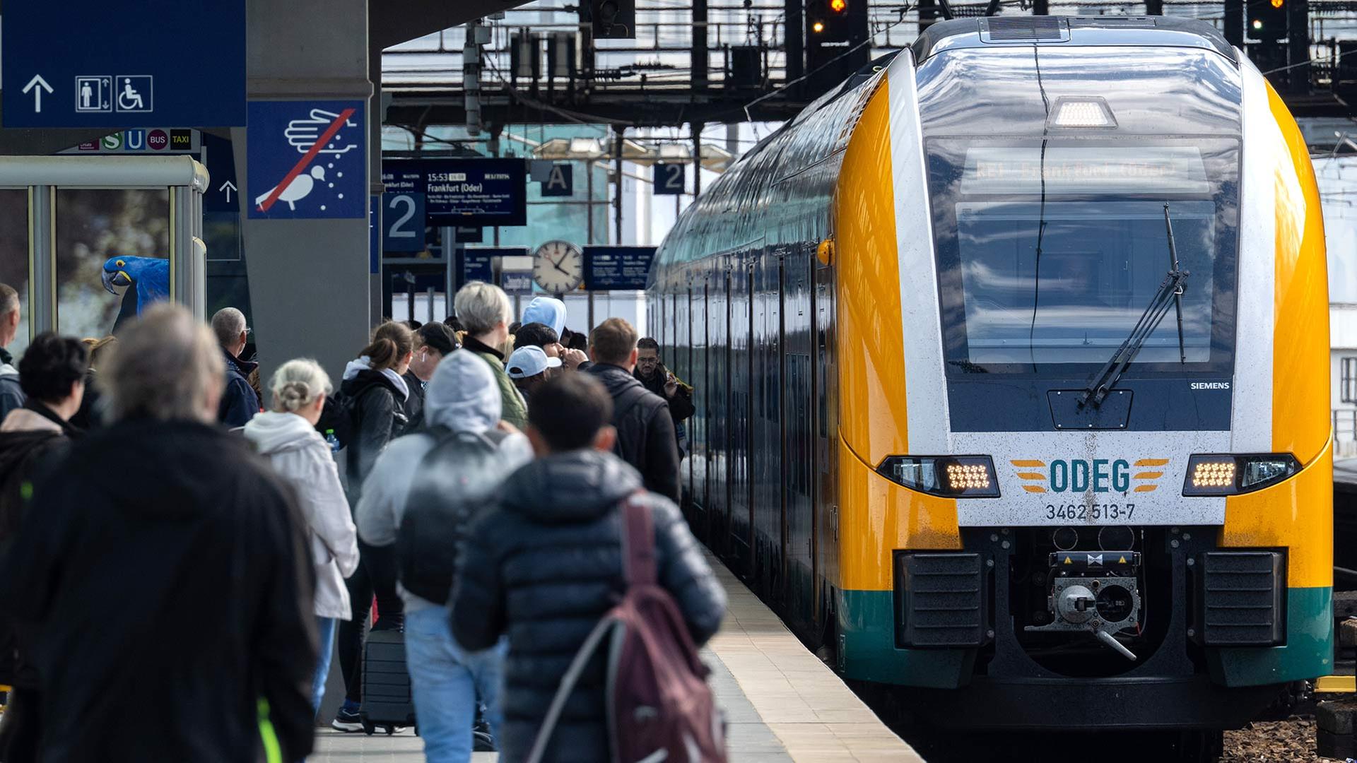 Reisende warten am Bahnsteig auf den Regionalexpress der ODEG. | picture alliance/dpa