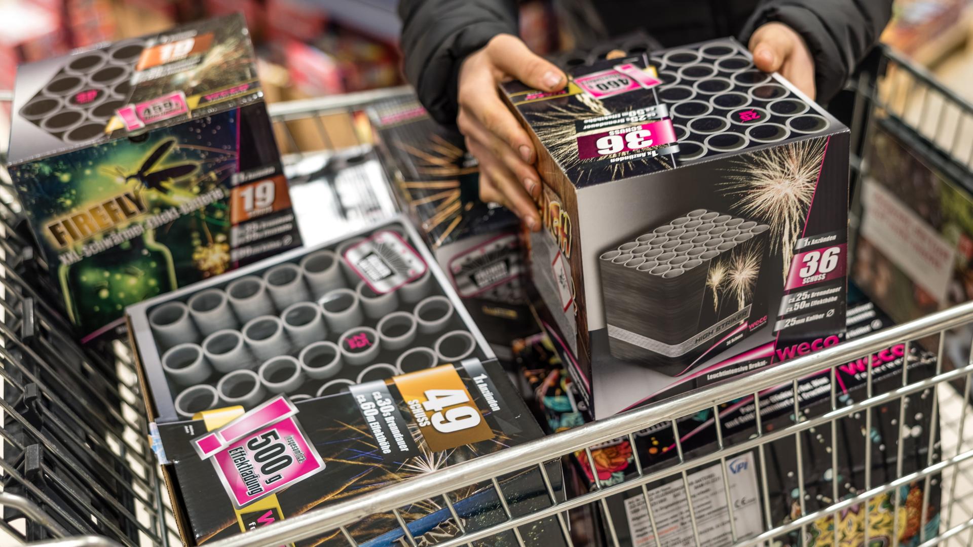 Ein Einkaufswagen mit Feuerwerkskörpern | dpa