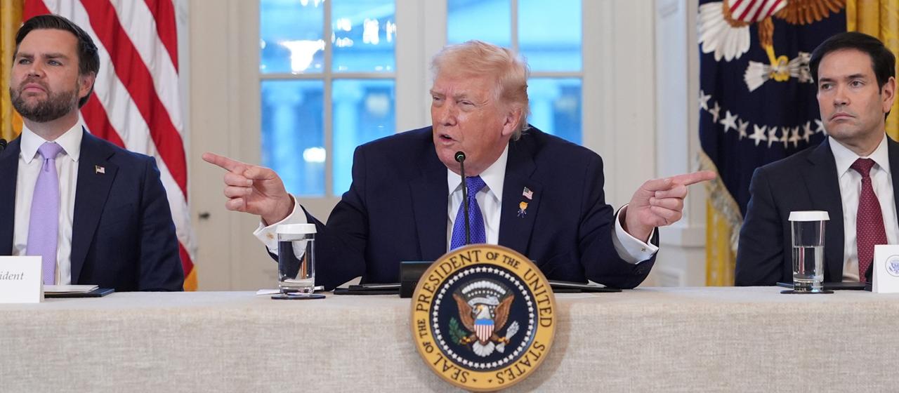 US President Donald Trump listens in the White House with US Vice President JD Vance and US Secretary of State Marco Rubio.