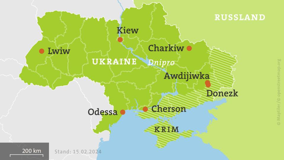 Karte Ukraine, schraffiert: von Russland besetzte Gebiete