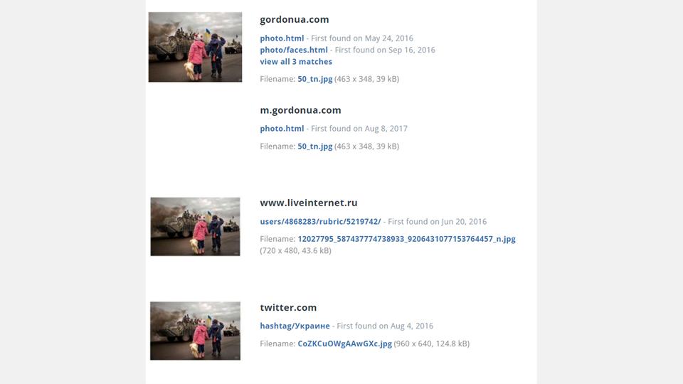 Ein Screenshot von TinEye zeigt Kinder vor einem Panzer.