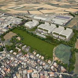 Visualisierung eines geplanten großen Rechenzentrums: Das Bild zeigt mehrere große weiße Gebäude inmitten von Wiesen und zwei Siedlungen aus der Vogelperspektive. 