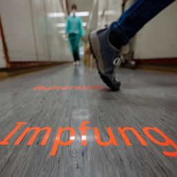 Das Wort "Impfung" steht auf dem Boden einer Apotheke.