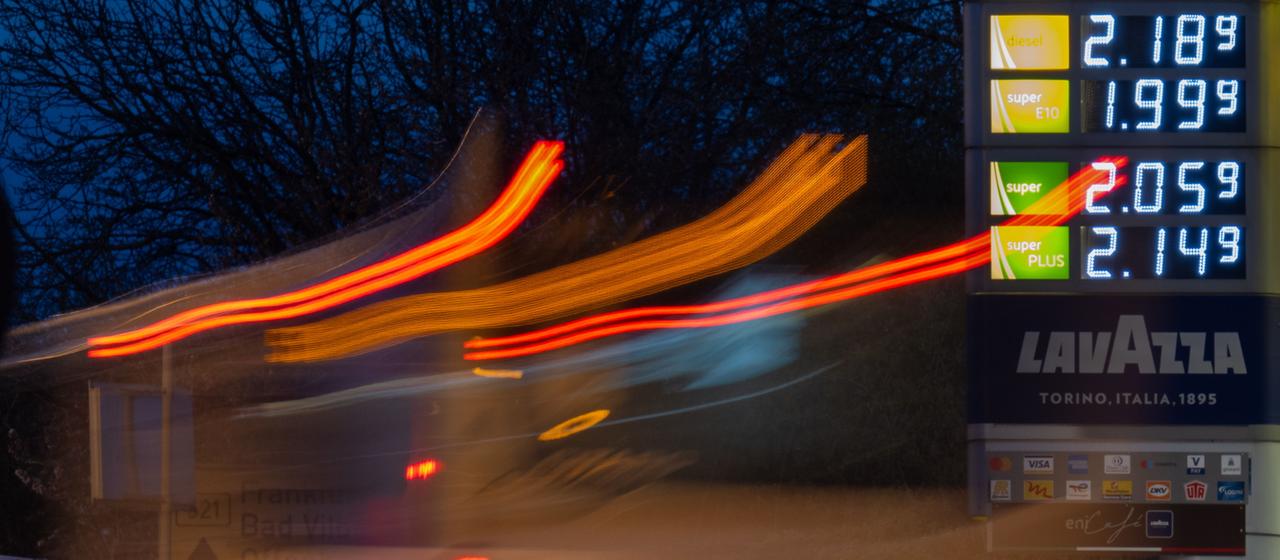 The prices for petrol and diesel are displayed at a petrol station.