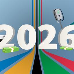 Grafik mit Jahreszahl „2026“ in der Mitte. Links neben der Zahl ein moderner Zug, davor ein Baustellenschild und ein Geldbündel. Rechts neben der Zahl ein Auto, ein Ladestecker sowie eine Hand, die einen Geldsack hält; darunter ebenfalls ein Geldbündel.
