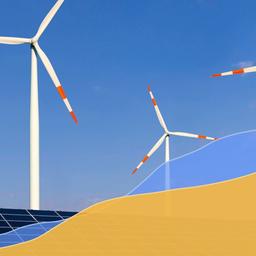 Im Hintergrund Windräder und Solaranlagen vor blauem Himmel, im Vordergrund blaue und gelbe grafische Form von links unten nach rechts oben, die eine Entwicklung anzeigt