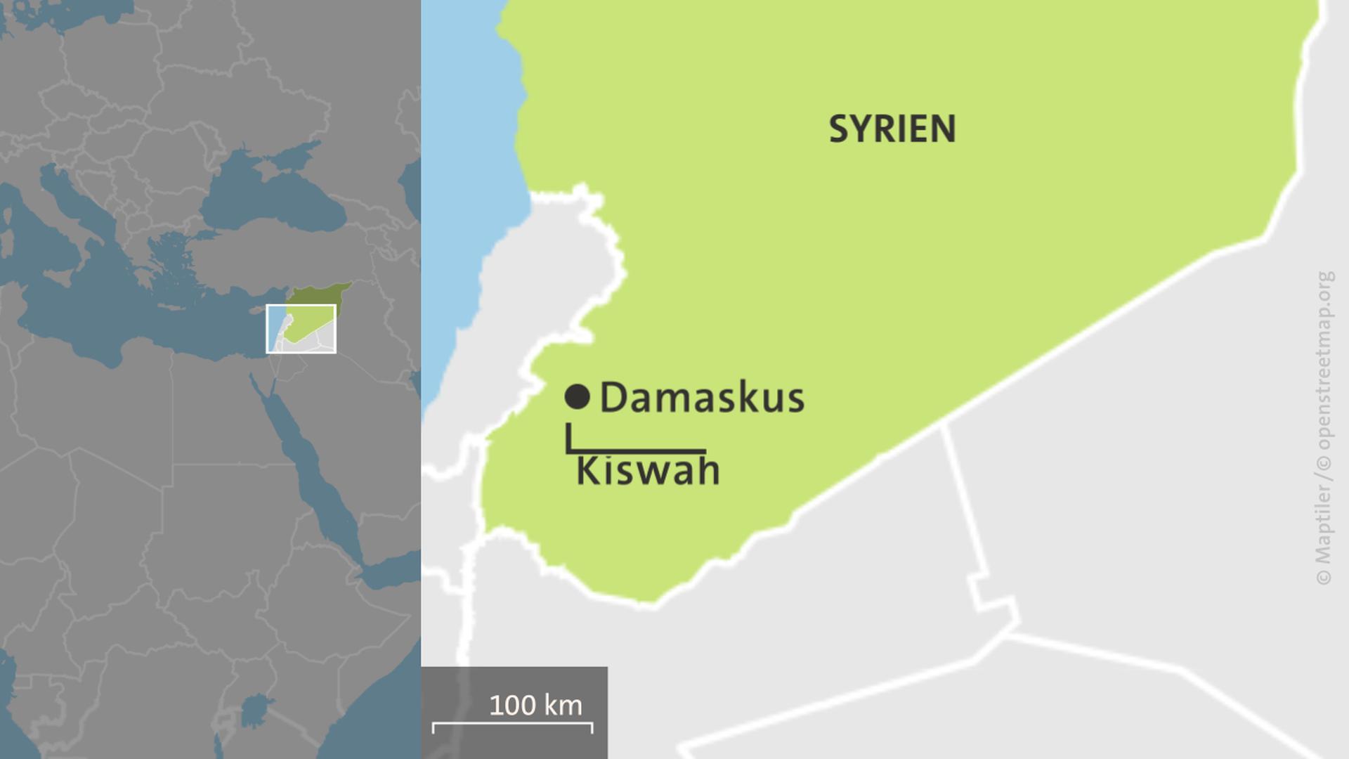 Karte: Syrien mit der Hauptstadt Damaskus und den Vorort Kiswah | ARD-aktuell