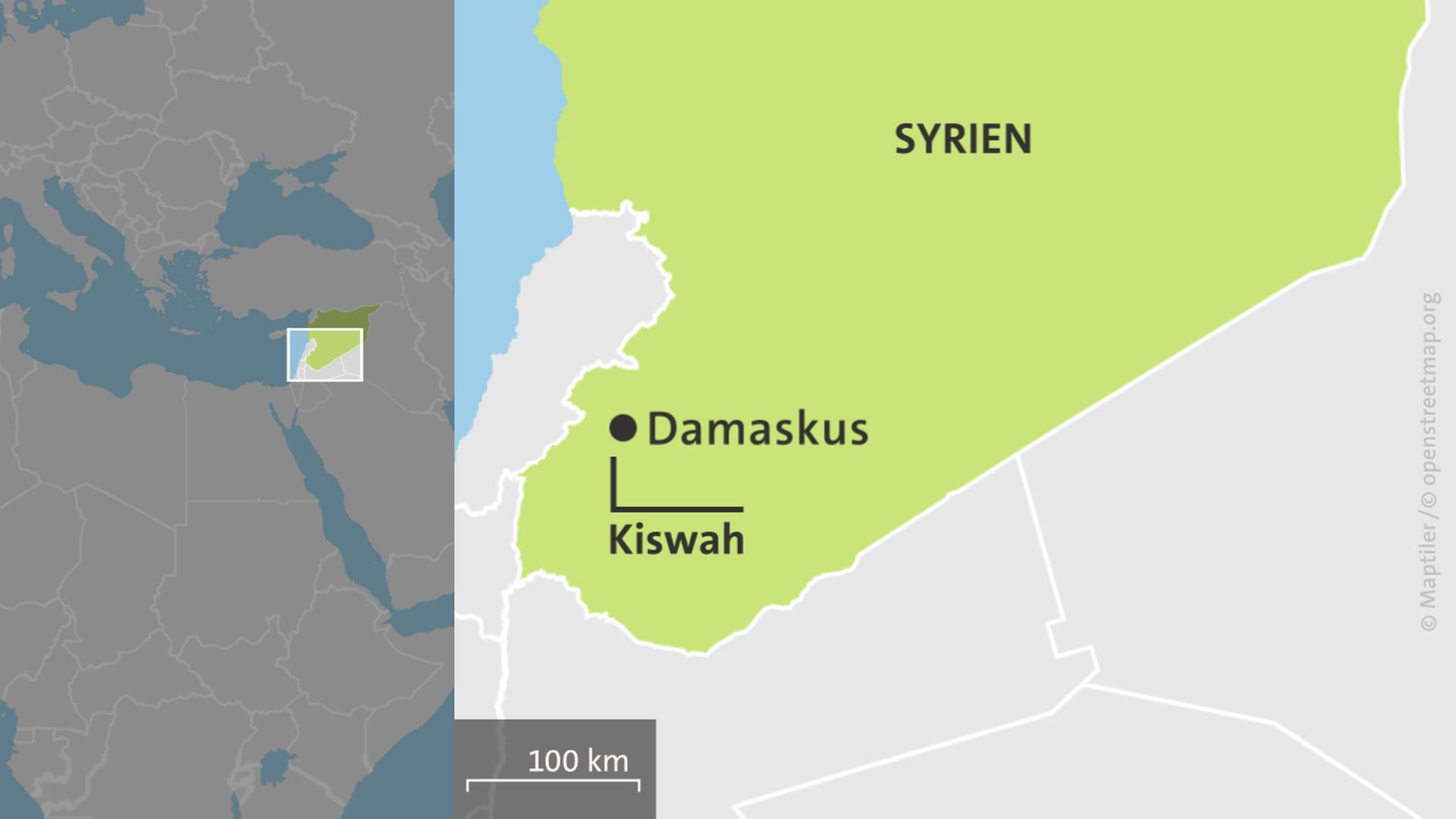 Karte: Syrien mit der Hauptstadt Damaskus und den Vorort Kiswah | ARD-aktuell