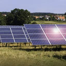 Solarpark mit Photovoltaikanlagen auf einer Wiese in ländlicher Umgebung. Die Solarmodule sind in Reihen angeordnet und nutzen Sonnenenergie zur Stromerzeugung.